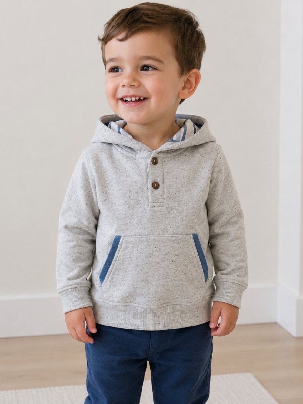 Tahari Baby Boys 12M Gray Hooded Pullover Sweatshirt Blue Stripe Lined Hoodie